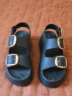 Jeffrey Campbell Black Platform Sandals with Gold Buckle Accent